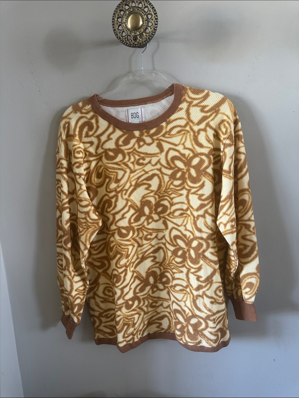 BDG Floral Pullover Sz S-P Retro Lt Yellow Mustard & Brown